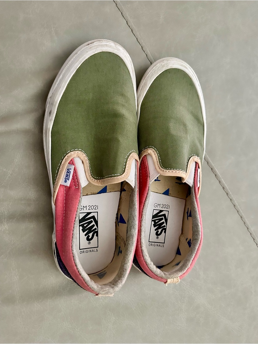 Vans Slip-On Sneakers in Olive Green and Pink Trim